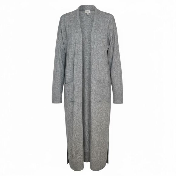 A New Day Heather Ribbed Trim Open Front Long Sleeve Duster Cardigan Gray Large - Picture 1 of 8